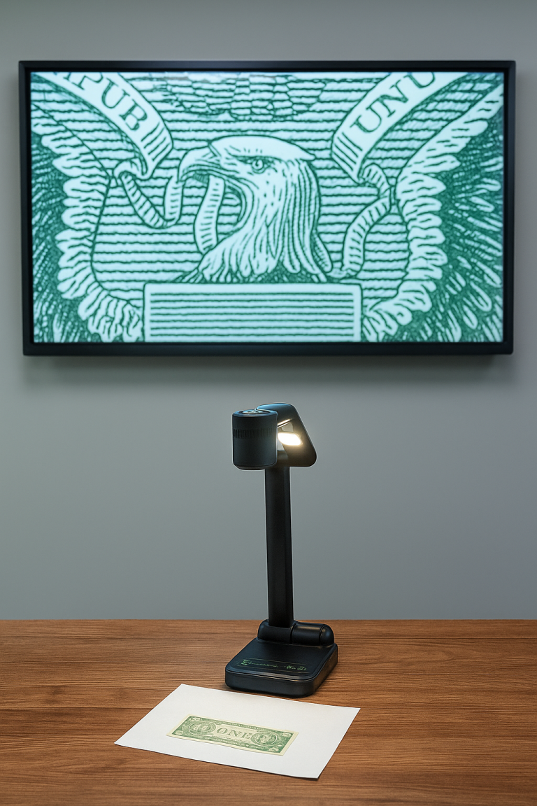 wireless document camera displaying a dollar bill on screen