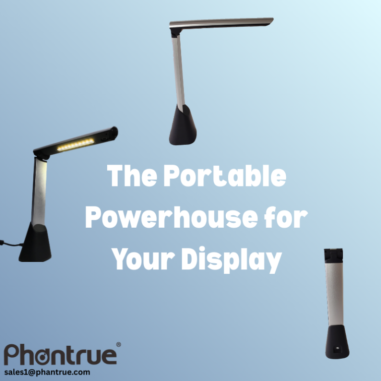 The Phantrue FT-G800-16M portable document camera shown in three states: folded for travel, set up on a desk, and with its built-in LED ring light turned on for optimal illumination.