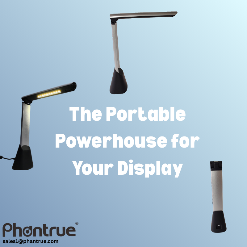 The Phantrue FT-G800-16M portable document camera shown in three states: folded for travel, set up on a desk, and with its built-in LED ring light turned on for optimal illumination.